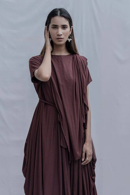Shop_Bohame_Brown Tencel Asymmetric Dress _Online_at_Aza_Fashions