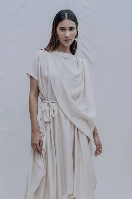 Bohame_White Tencel Jess Overlap Asymmetric Dress _Online_at_Aza_Fashions