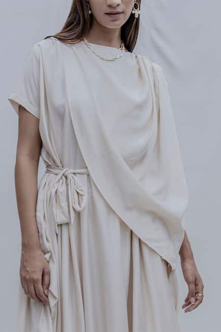 Buy_Bohame_White Tencel Jess Overlap Asymmetric Dress _Online_at_Aza_Fashions