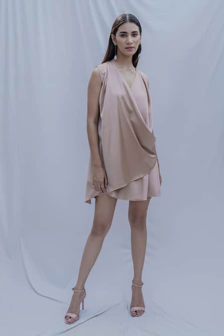 Bohame_Gold Satin Silk Tidisha Wrap Dress _Online_at_Aza_Fashions