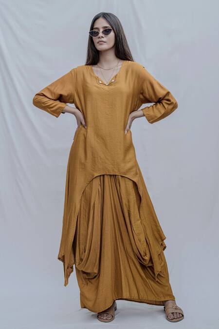 Bohame_Yellow Cotton Silk Draped Dress _Online_at_Aza_Fashions