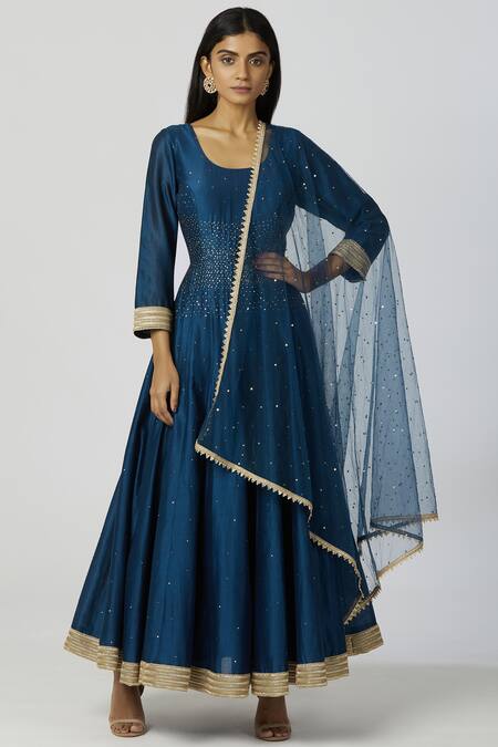 Bohame_Blue Chanderi Silk Scoop Neck Anarkali Set_Online_at_Aza_Fashions