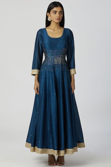 Buy_Bohame_Blue Chanderi Silk Scoop Neck Anarkali Set_Online_at_Aza_Fashions