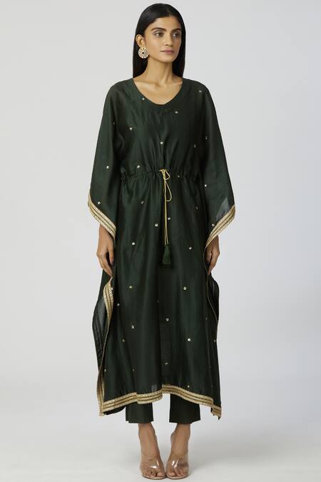 Bohame_Green Twill, Chanderi Silk V Neck Kaftan Pant Set_Online_at_Aza_Fashions