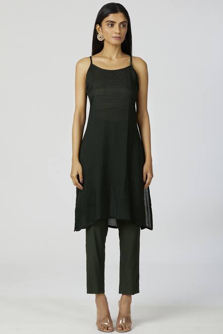 Buy_Bohame_Green Twill, Chanderi Silk V Neck Kaftan Pant Set_Online_at_Aza_Fashions