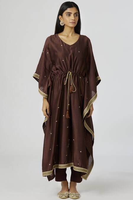 Bohame_Brown Twill, Chanderi Silk V Neck Kaftan Pant Set_Online_at_Aza_Fashions