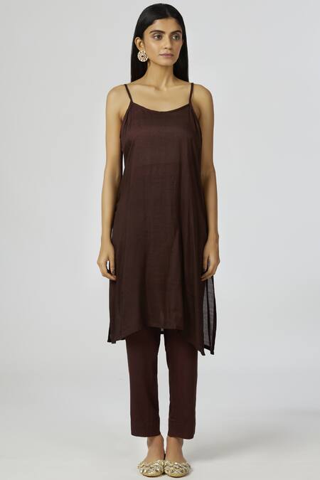 Buy_Bohame_Brown Twill, Chanderi Silk V Neck Kaftan Pant Set_Online_at_Aza_Fashions