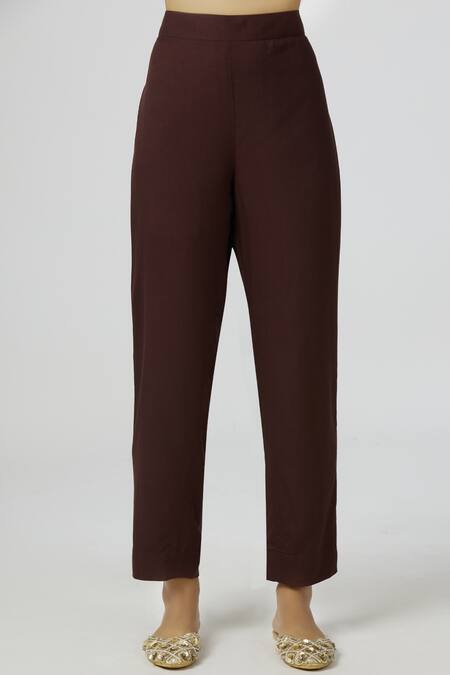 Shop_Bohame_Brown Twill, Chanderi Silk V Neck Kaftan Pant Set_Online_at_Aza_Fashions