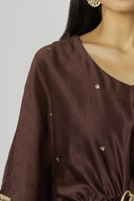 Bohame_Brown Twill, Chanderi Silk V Neck Kaftan Pant Set_at_Aza_Fashions