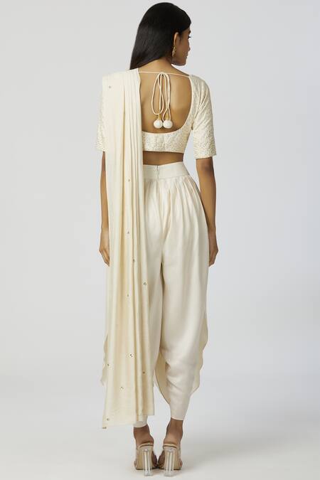 Shop_Bohame_White Twill, Chanderi Silk Scoop Neck Pre-draped Pant Saree _at_Aza_Fashions