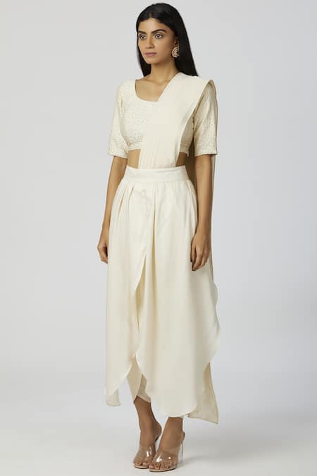 Bohame_White Twill, Chanderi Silk Scoop Neck Pre-draped Pant Saree _Online_at_Aza_Fashions