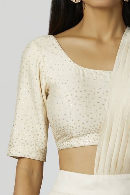 Bohame_White Twill, Chanderi Silk Scoop Neck Pre-draped Pant Saree _at_Aza_Fashions