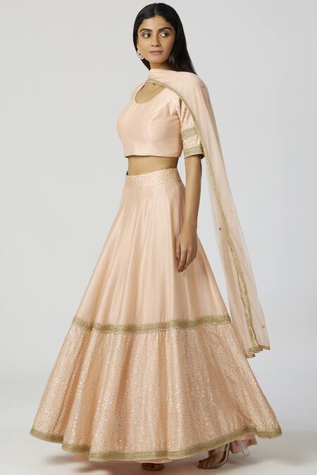 Bohame Peach Chanderi Silk Scoop Neck Lehenga Set Online at Aza Fashions Bohame_Peach Chanderi Silk Scoop Neck Lehenga Set _Online_at_Aza_Fashions