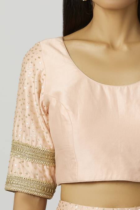 Bohame Peach Chanderi Silk Scoop Neck Lehenga Set at Aza Fashions Bohame_Peach Chanderi Silk Scoop Neck Lehenga Set _at_Aza_Fashions