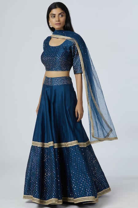 Bohame Blue Chanderi Silk Scoop Neck Lehenga Set 