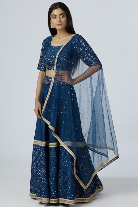 Bohame_Blue Chanderi Silk Scoop Neck Lehenga Set _Online_at_Aza_Fashions