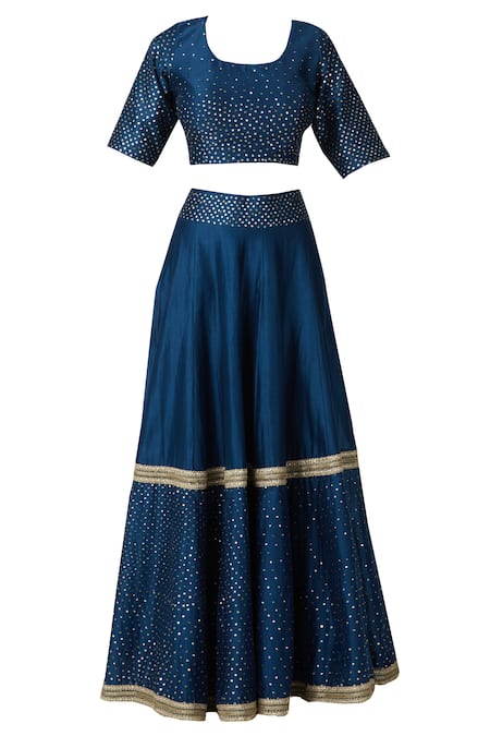 Buy_Bohame_Blue Chanderi Silk Scoop Neck Lehenga Set _Online_at_Aza_Fashions