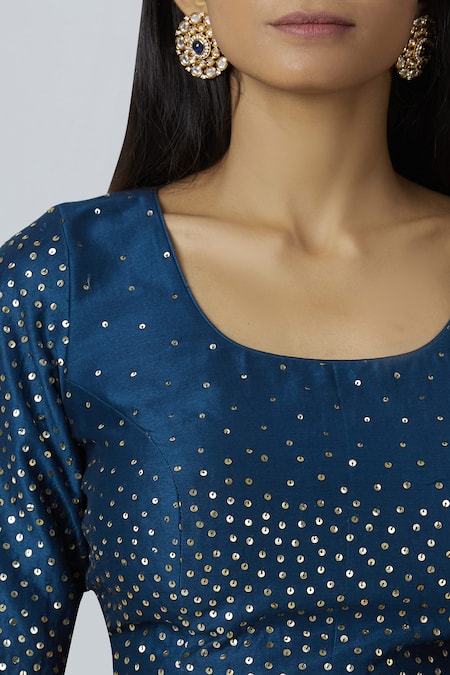 Bohame_Blue Chanderi Silk Scoop Neck Lehenga Set _at_Aza_Fashions