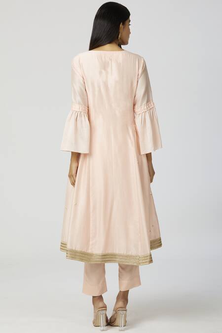 Shop Bohame Peach Twill, Chanderi Silk Notched Round Neck Anarkali Set at Aza Fashions Shop_Bohame_Peach Twill, Chanderi Silk Notched Round Neck Anarkali Set_at_Aza_Fashions