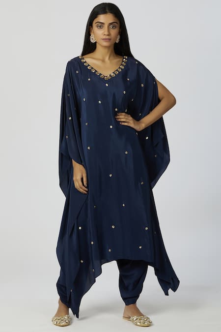 Bohame Blue Cotton Silk V Neck Embellished Kaftan Dhoti Pant Set