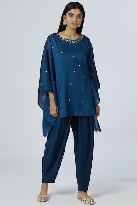 Bohame Blue Crepe Round Embellished Kaftan Dhoti Pant Set