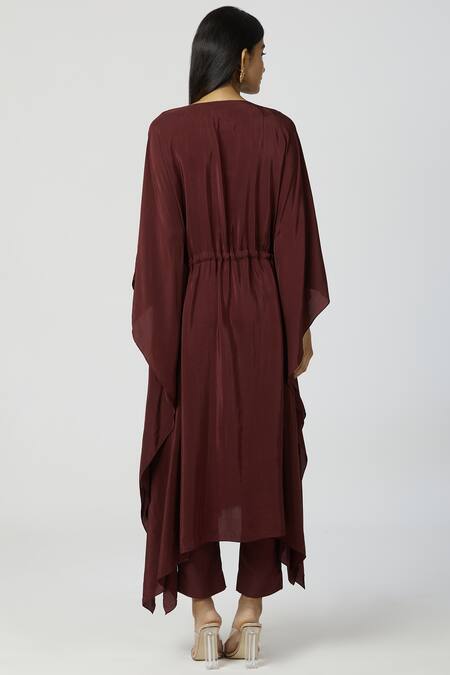 Shop_Bohame_Brown Crepe, Twill V Neck Embroidered Kaftan Pant Set_at_Aza_Fashions