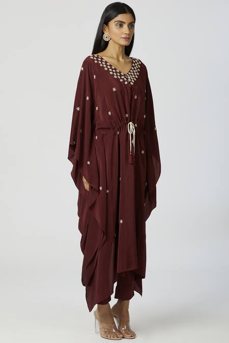 Bohame_Brown Crepe, Twill V Neck Embroidered Kaftan Pant Set_Online_at_Aza_Fashions