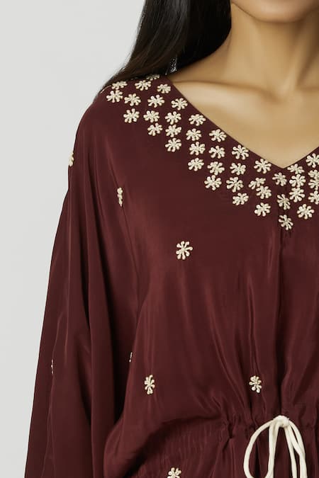 Bohame_Brown Crepe, Twill V Neck Embroidered Kaftan Pant Set_at_Aza_Fashions