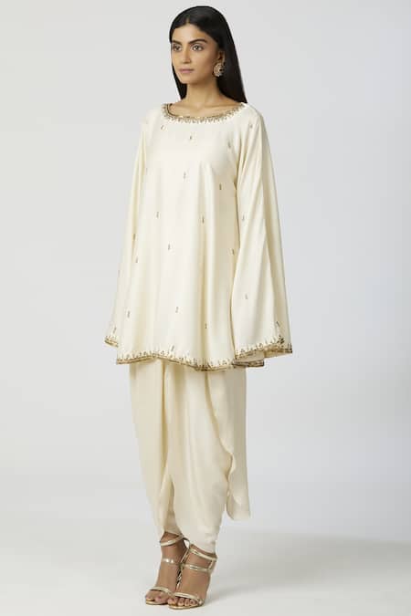 Bohame_White Twill Boat Embellished Kaftan Dhoti Pant Set_Online_at_Aza_Fashions