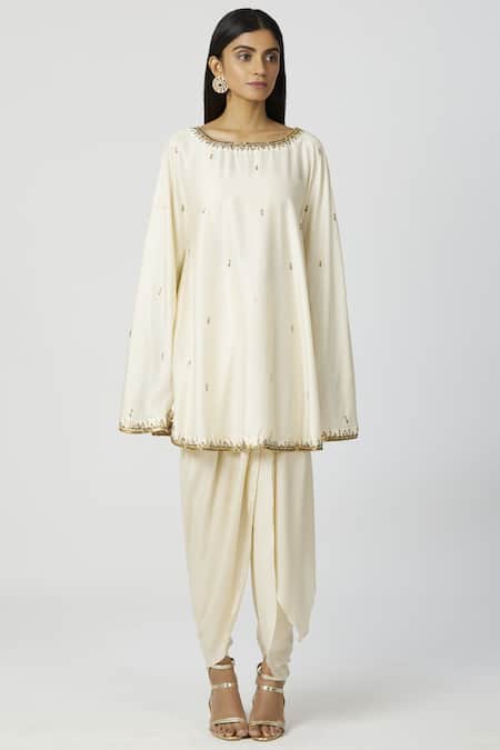 Buy_Bohame_White Twill Boat Embellished Kaftan Dhoti Pant Set_Online_at_Aza_Fashions