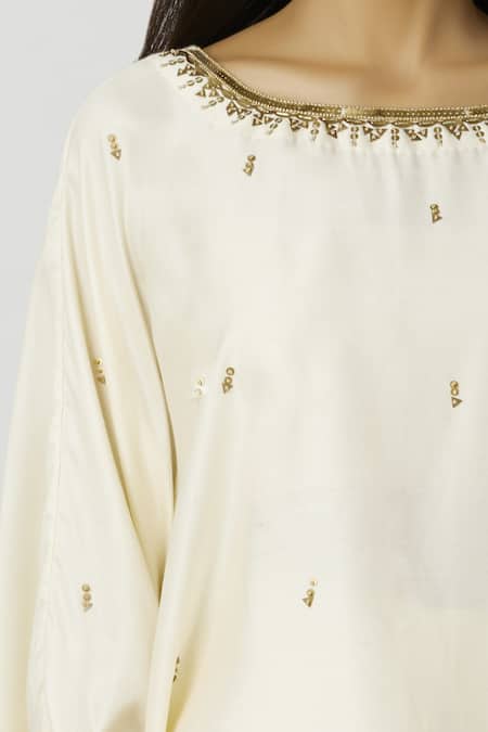 Bohame_White Twill Boat Embellished Kaftan Dhoti Pant Set_at_Aza_Fashions