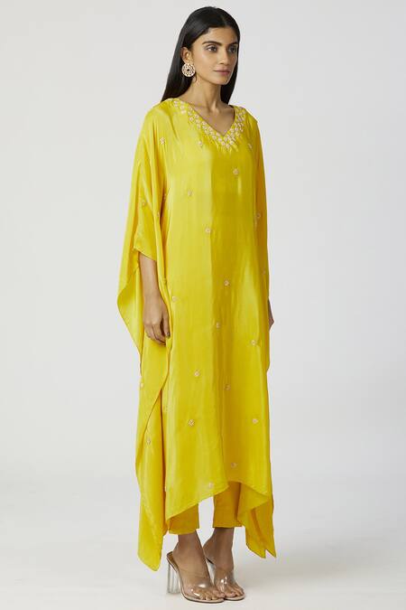 Bohame_Yellow Crepe, Twill V Neck Embroidered Kaftan Pant Set_Online_at_Aza_Fashions