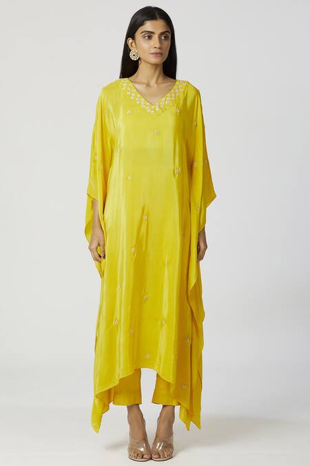 Buy_Bohame_Yellow Crepe, Twill V Neck Embroidered Kaftan Pant Set_Online_at_Aza_Fashions
