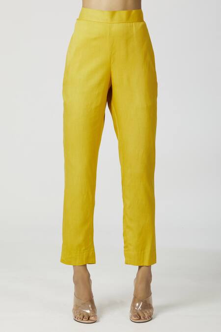 Shop_Bohame_Yellow Crepe, Twill V Neck Embroidered Kaftan Pant Set_Online_at_Aza_Fashions