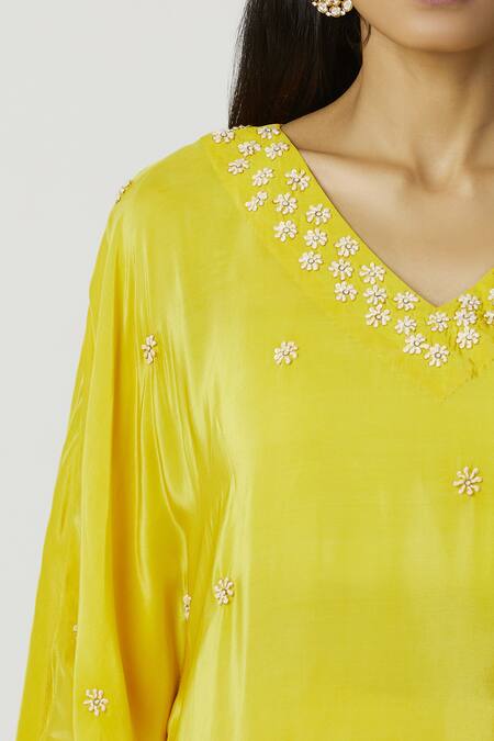 Bohame_Yellow Crepe, Twill V Neck Embroidered Kaftan Pant Set_at_Aza_Fashions