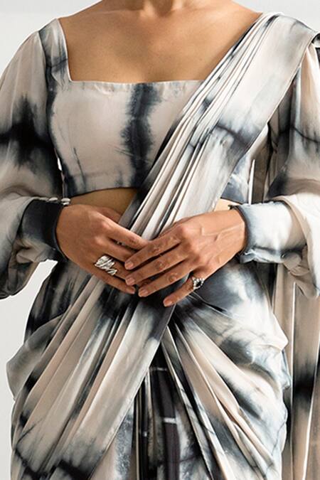 Shop_Bohame_Beige Crepe Square Neck Irina Pre-draped Saree Set _Online_at_Aza_Fashions