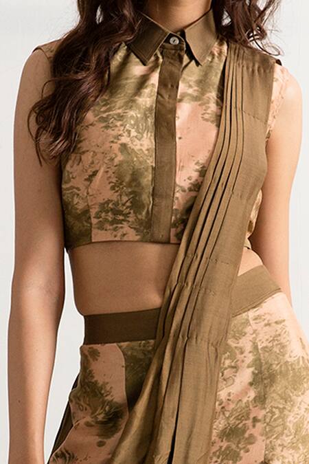 Bohame Beige Muslin Silk Collared Neck Frida Draped Pant Set Online at Aza Fashions Bohame_Beige Muslin Silk Collared Neck Frida Draped Pant Set _Online_at_Aza_Fashions