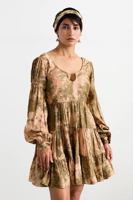 Bohame_Beige Muslin Silk Scoop Neck Dove Tie Dye Tiered Dress _Online_at_Aza_Fashions