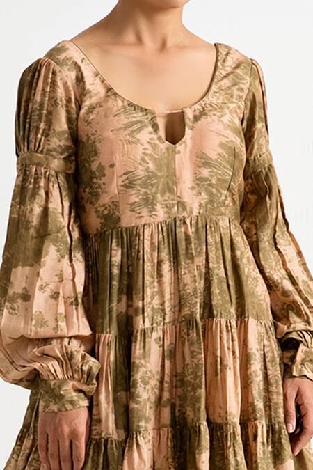 Buy_Bohame_Beige Muslin Silk Scoop Neck Dove Tie Dye Tiered Dress _Online_at_Aza_Fashions