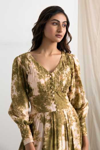 Bohame_Beige Muslin Silk V Neck Lana Tie Dye Empire Dress_Online_at_Aza_Fashions