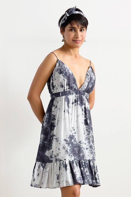 Bohame_Blue Muslin Silk V Neck Mira Tie Dye Pleated Dress_Online_at_Aza_Fashions