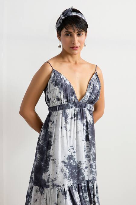 Buy_Bohame_Blue Muslin Silk V Neck Mira Tie Dye Pleated Dress_Online_at_Aza_Fashions