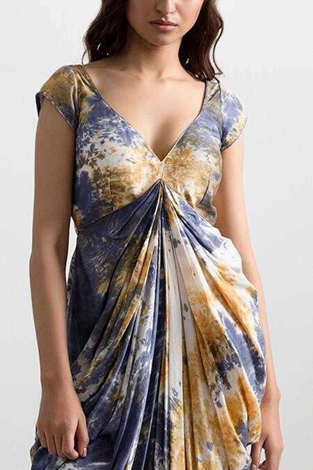 Bohame_Beige Muslin Silk V Neck Diana Tie Dye Jumpsuit_Online_at_Aza_Fashions