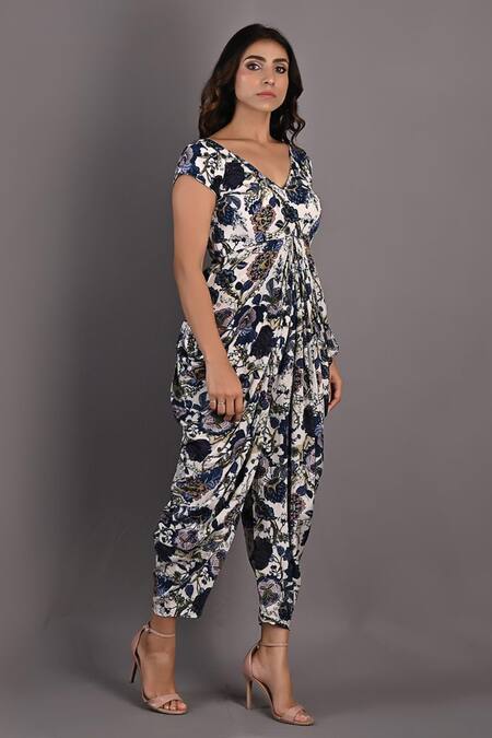 Bohame_Multi Color Crepe Floral V Neck Azalea Print Draped Jumpsuit_Online_at_Aza_Fashions