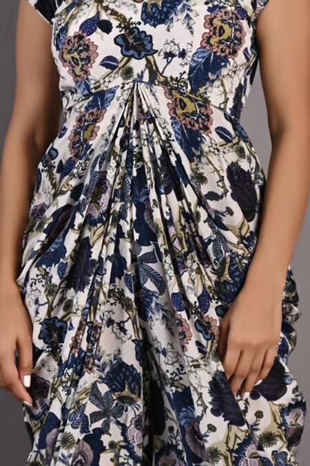 Buy_Bohame_Multi Color Crepe Floral V Neck Azalea Print Draped Jumpsuit_Online_at_Aza_Fashions