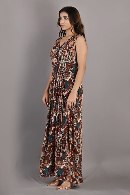 Bohame_Maroon Crepe Floral V Neck Fern Print Jumpsuit _Online_at_Aza_Fashions