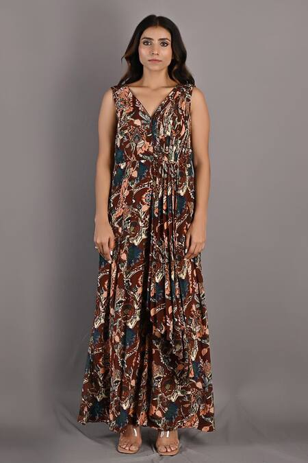Buy_Bohame_Maroon Crepe Floral V Neck Fern Print Jumpsuit _Online_at_Aza_Fashions
