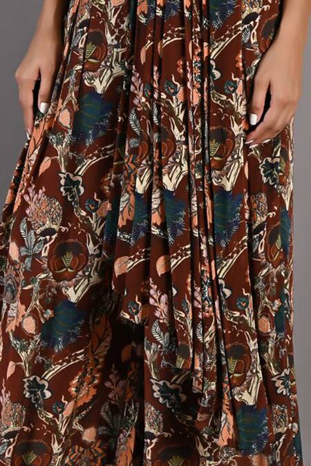 Shop_Bohame_Maroon Crepe Floral V Neck Fern Print Jumpsuit _Online_at_Aza_Fashions