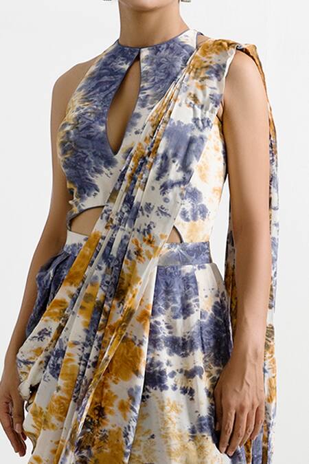 Bohame_Beige Crepe Round Myla Tie Dye Draped Jumpsuit _Online_at_Aza_Fashions
