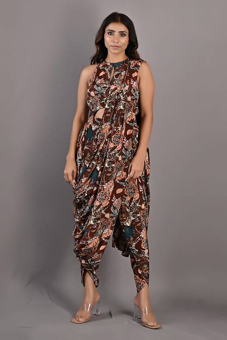 Buy_Bohame_Maroon Crepe Floral Keyhole Evanthe Print Draped Jumpsuit _Online_at_Aza_Fashions